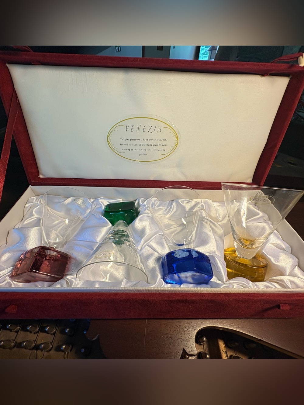 Vintage Rare Set 4 Hand Blown Venetian Martini Appertif Glasses Geometric Base